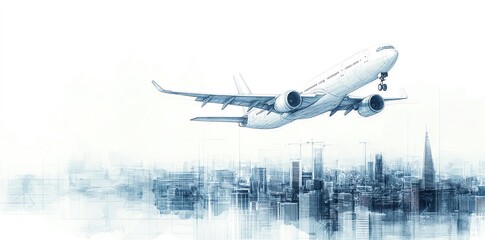 Aufkleber - Airplane taking off over a city in a watercolor style.