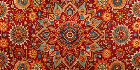 Intricate Embroidered Tapestry of Multicolored Floral Motifs and Geometric Patterns on a Rich Red Background