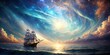 © Mali - A lone ship sails into the swirling cosmic canvas, illuminated by a celestial sunset, a testament to the eternal dance of light and shadow on the endless expanse of the sea