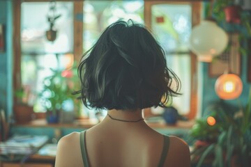 Wall Mural - A woman with short hair sitting in front of a window. AI.