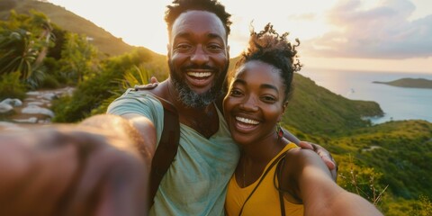 Wall Mural - A couple takes a selfie while enjoying the view. AI.