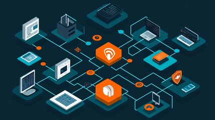 Aufkleber - An isometric illustration of a network with devices connected to a central hub.