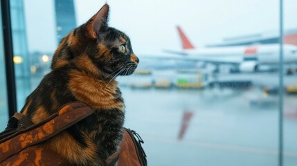 Canvas Print - A cat peering out from a travel bag. AI.