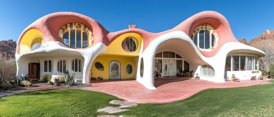 Poster - A whimsical, colorful house with unique design and architectural details. AI.