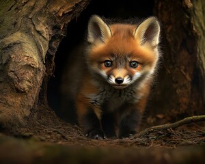 Wall Mural - A baby fox peeks out from a tree hollow. AI.