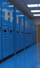 Poster - A row of blue lockers in a hallway. AI.