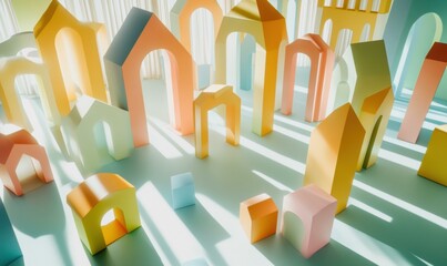 Poster - Colorful arches and blocks cast shadows on a light blue surface. AI.