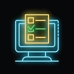 Poster - Neon icon of online survey being filled on desktop computer screen glowing on black background