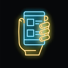 Poster - Glowing neon icon representing the concept of mobile task management with a hand holding a smartphone displaying a checklist