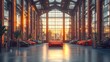 © arsyi_06 - A bright orange sports car stands in a large, open space with a glass ceiling,  surrounded by other sports cars. The setting sun shines through the window, casting a warm glow on the scene.