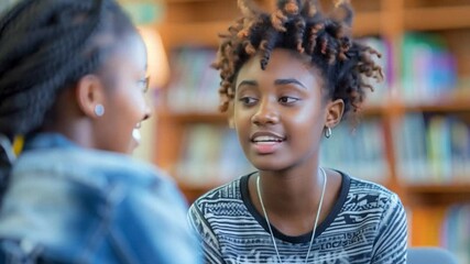 Poster - This Two friends share a moment of connection while talking in a cozy library setting.