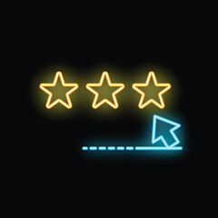 Poster - Neon cursor clicking four stars rating system on black background with copy space
