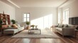 © sawaratch - Cozy living room with soft neutral tones, plush furniture, textured rugs, and natural light pouring in through large windows, interior design, rugs, space