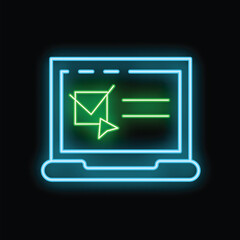 Poster - Glowing neon icon of a laptop showing an online survey with a check mark and a cursor clicking