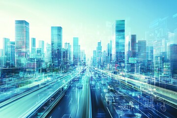 Leinwandbilder - Futuristic cityscape with digital overlays showing data and technology.