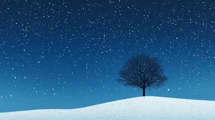 A lone tree stands in a snowy field under a starry night sky.