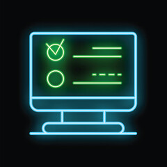 Poster - Glowing neon online survey on computer screen displaying checklist for internet website