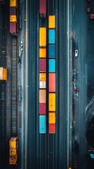 Poster - Aerial view of colorful cargo containers on train tracks at a shipping port.