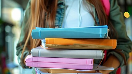 Poster - This student balances several binders and notebooks while walking through a school corridor.
