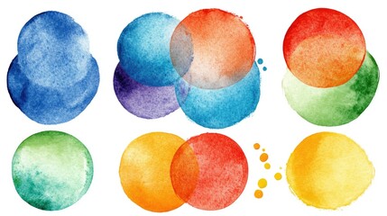 Seamless pattern of vibrant watercolor circles on a crisp white background ideal for creative labels and icon designs