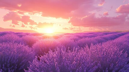 Wall Mural - Patch of purple flowers with the sun setting in the background.