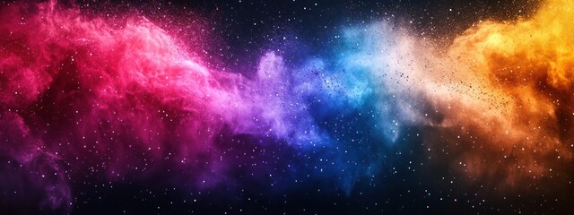 Wall Mural - A digital artwork depicting a colorful space nebula with cosmic dust, featuring a gradient of colors from deep blue to vibrant hues of pink and orange.