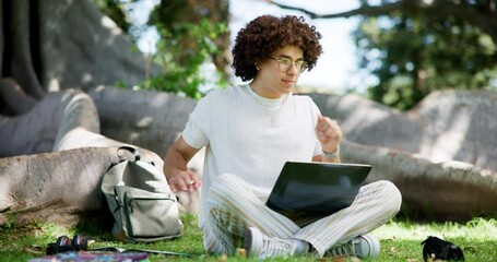 Poster - Laptop, relax and studying with man on grass of campus for university results, student and education. Stretching, scholarship and college thesis with person in park for knowledge, future and notebook