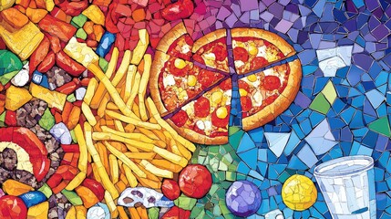 Aufkleber - A colorful mosaic background showcasing fast food favorites like fries, pizzas, and burgers, all in a spectrum of rainbow hues, arranged in a fun and visually engaging pattern.