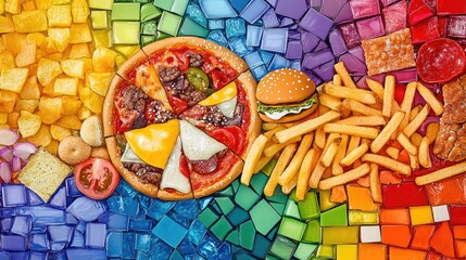 Aufkleber - A colorful mosaic background showcasing fast food favorites like fries, pizzas, and burgers, all in a spectrum of rainbow hues, arranged in a fun and visually engaging pattern.