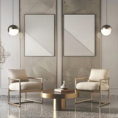 Two white armchairs with gold frames and pillows. a gold coffee table and a geometric patterned wall. with two blank frames for mockup