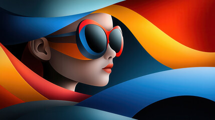 Poster - vibrant illustration of woman with stylish sunglasses, featuring colorful waves in red, blue, and orange. design exudes modern and artistic vibe