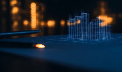 Poster - A glowing, wireframe cityscape appears on a dark surface, suggesting a futuristic design or digital innovation in a tech-inspired environment.