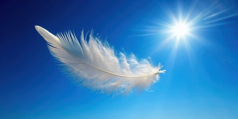 Wall Mural - Feather floating in a clear blue sky , Feather, sky, light, delicate, airy, tranquil, soft, gentle, floating, peaceful, blue