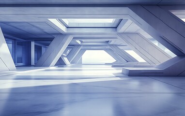 Poster - A spacious, modern interior featuring geometric architecture, natural light filtering through skylights, and minimalist design elements.