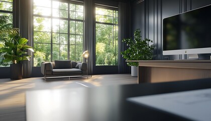 Poster - A modern office with large windows, abundant sunlight, greenery, and minimalist furniture, creating a tranquil work environment.