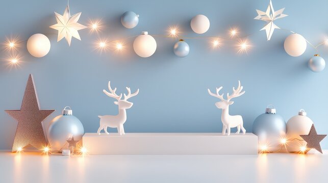 A modern Christmas design featuring angular reindeer, stylized snowflakes, and baubles in soothing cool tones, creating a fresh and trendy look for seasonal decorations.