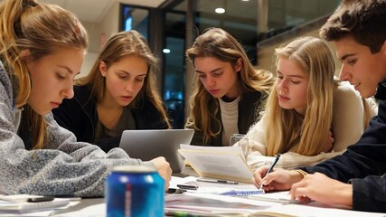 Poster - This group of five students is deeply engaged in their project work around a table.