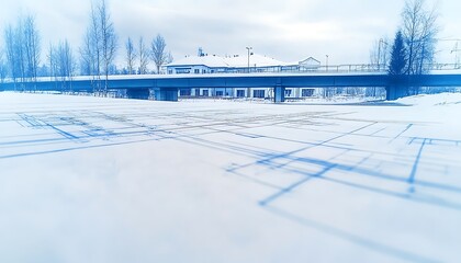 Poster - A serene winter landscape featuring a snowy field under a cloudy sky, with a distant building and trees partially obscured by the frost.