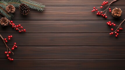 Wall Mural - Cozy Christmas background with rustic wooden textures, small red berries, and pine cones. Warm and charming.