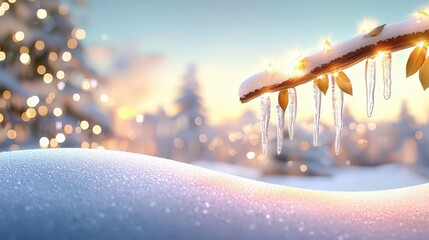 Poster - Curved icicle against a snowy background, bending naturally from a roof edge. Beautiful and unique.