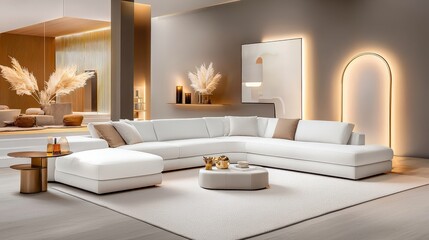 Poster - Large sectional couch in a cozy living room, surrounded by soft lighting and decorative accents. Perfect for lounging.