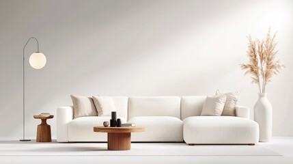 Poster - Modern sectional sofa in neutral shades, surrounded by a minimalist living room setup. Spacious and calming.