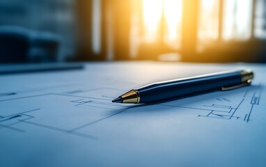 Poster - A sleek pen rests on a blueprint, illuminated by warm sunlight filtering through a window, highlighting the details of the architectural plans.