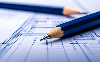 Aufkleber - A close-up of blue pencils resting on architectural blueprints, showcasing precision and creativity in design.