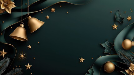 Poster - Seamless pattern on a dark green background, with luxurious gold bells, holly, and stars. Elegant and timeless holiday decor.