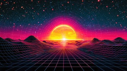 Wall Mural - retro futuristic landscape with a glowing sun and a grid pattern.