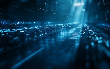Aufkleber - A futuristic, illuminated pathway filled with glowing blue lights, suggesting a digital or sci-fi environment with a mysterious ambiance.