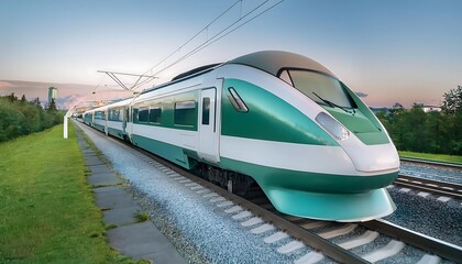 A modern, green and white high-speed train travels down a track beside a grassy area at sunset