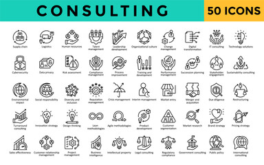 consulting icons set with supply chain, logistics, human resources, talent management, leadership de