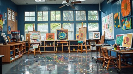 Aufkleber - This Brightly lit art classroom displays various colorful paintings and easels, fostering creativity.